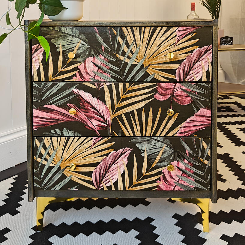 Three Drawer Chest Charcoal/Gold/Botanicals