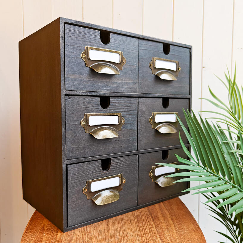 Six Drawer Mini Chest Dark Wood/Gold Vintage